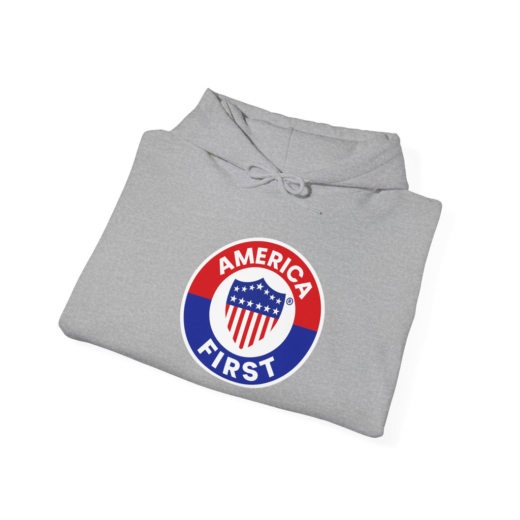 America First badge Hoodie | Patriotic USA shield emblem