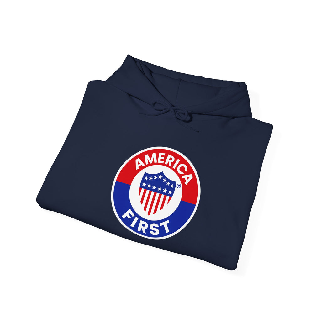 America First badge Hoodie | Patriotic USA shield emblem