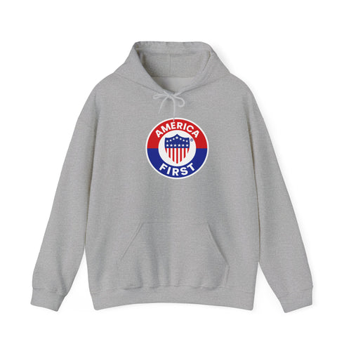 America First badge Hoodie | Patriotic USA shield emblem