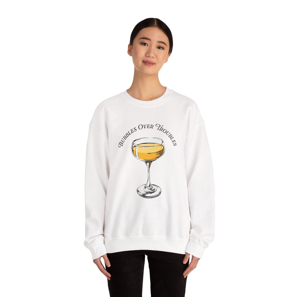 Bubbles Over Troubles Sweatshirt | Champagne Glass Illustration
