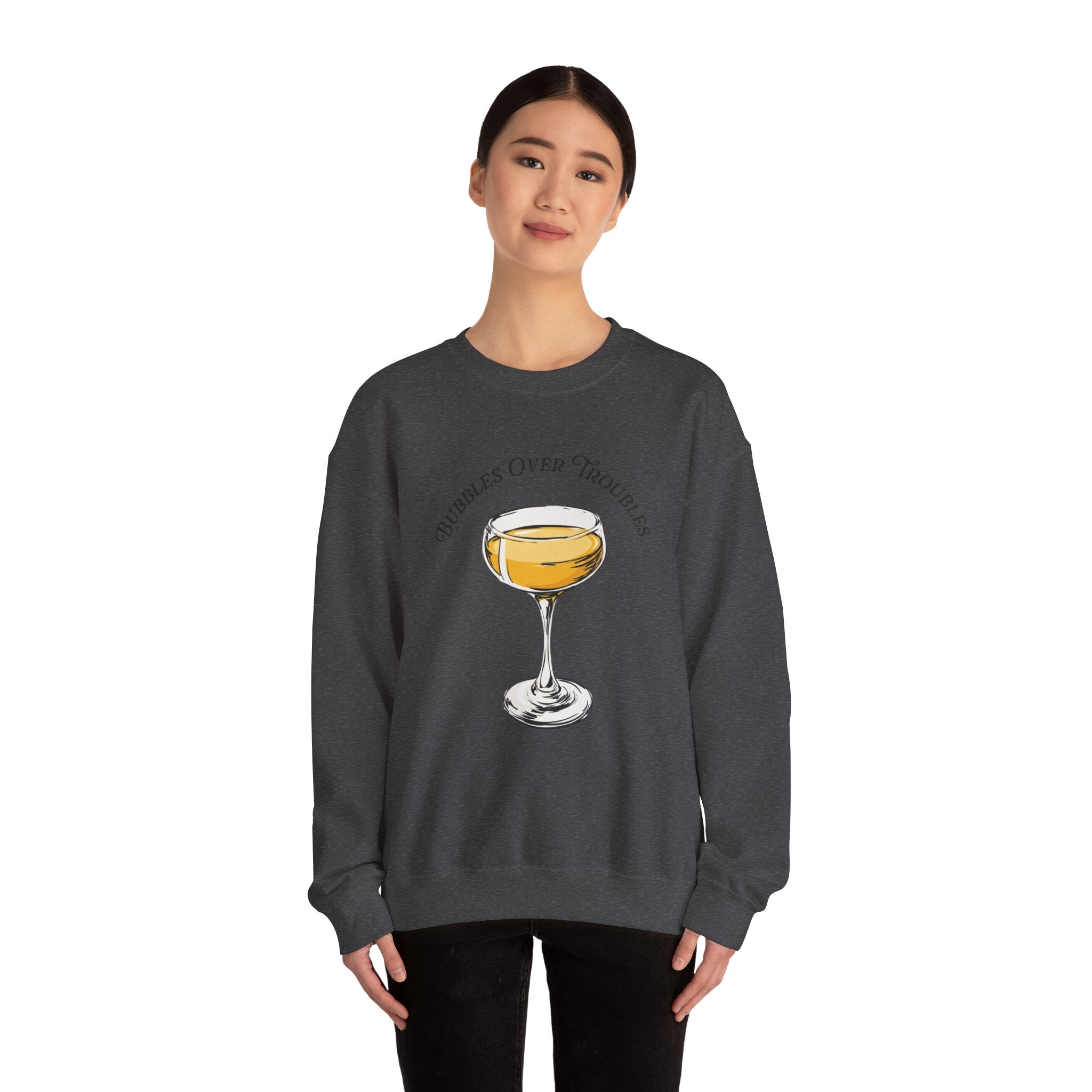Bubbles Over Troubles Sweatshirt | Champagne Glass Illustration